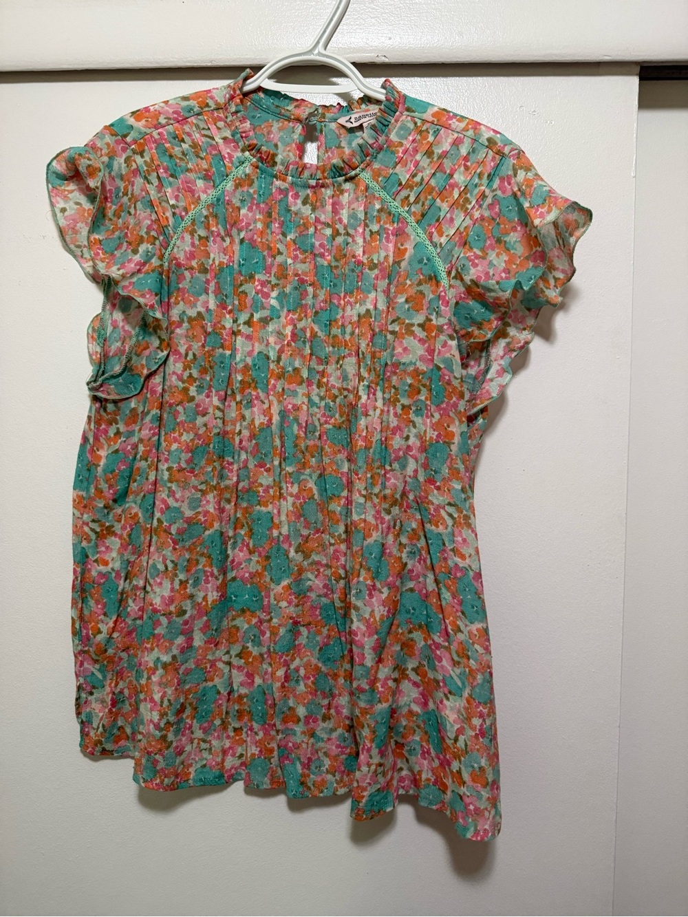 Nanette Lepore Teal Pink Orange Floral Pintuck Blouse
